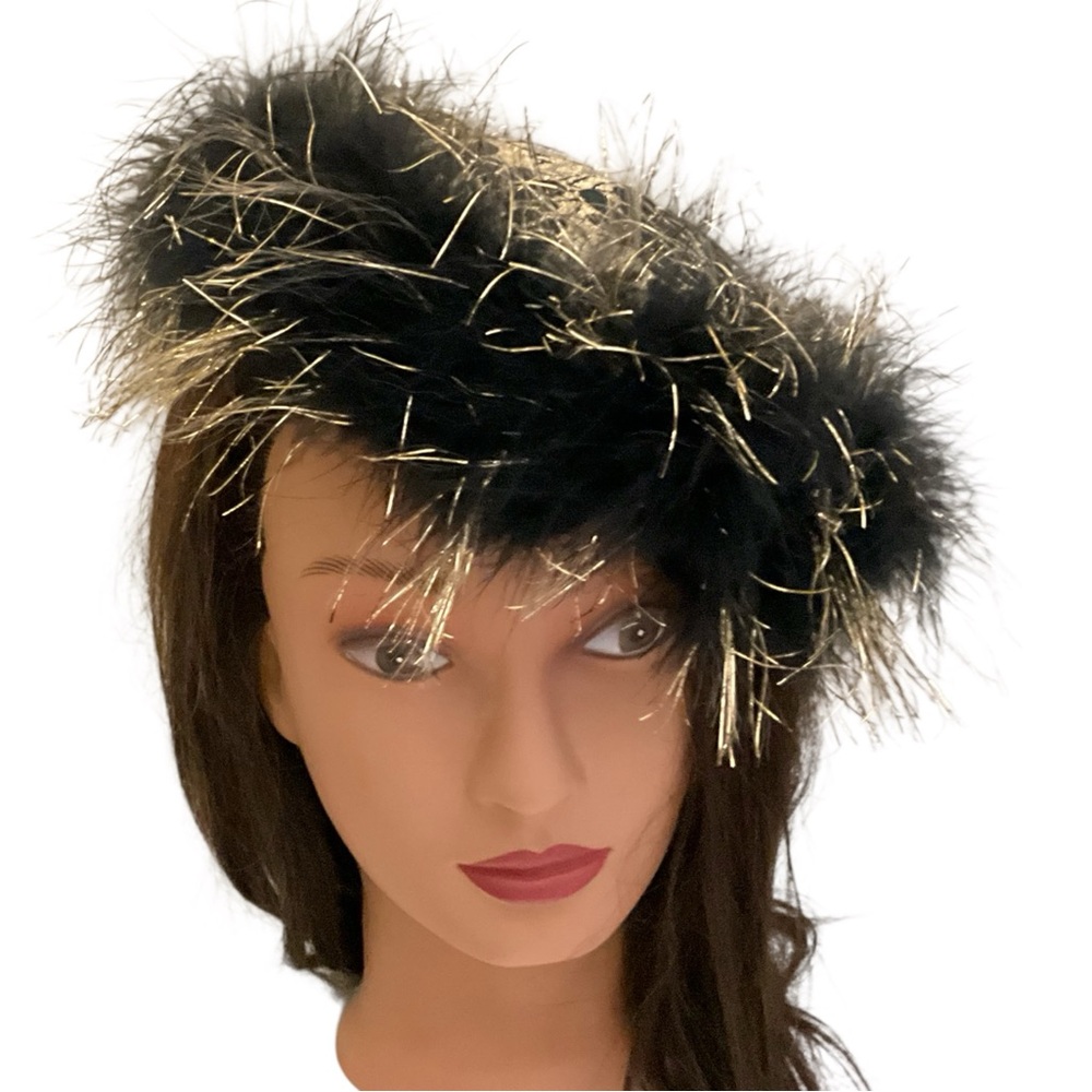 Vintage 1950s Black Marabou Feather Brocade Cocktail Hat with Gold Metallic Trim